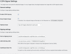 Screenshot of the settings page for IPTC's C2PA Signer WordPress plugin
